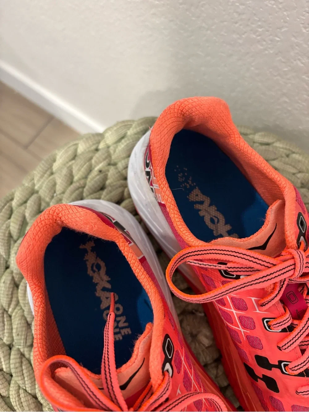 HOKA CLAYTON Teaberry Neon Coral Running Lace Up Tennis Shoes Size 8